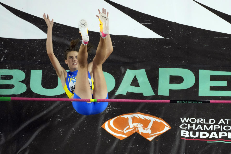 Yaroslava Mahuchikh, of Ukraine, competes in the Women's high jump final during the World Athletics Championships in Budapest, Hungary, Sunday, Aug. 27, 2023. (AP Photo/David J. Phillip)