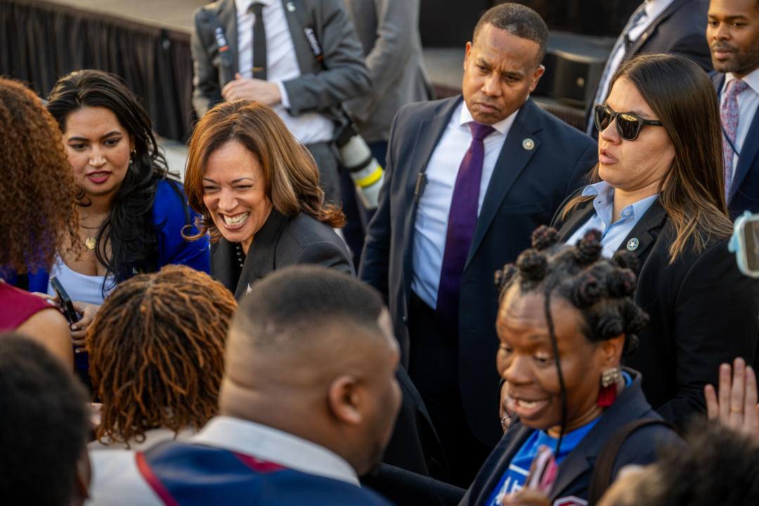 Vice President Kamala Harris greets a throng of supporters at South Carolina State University in February.