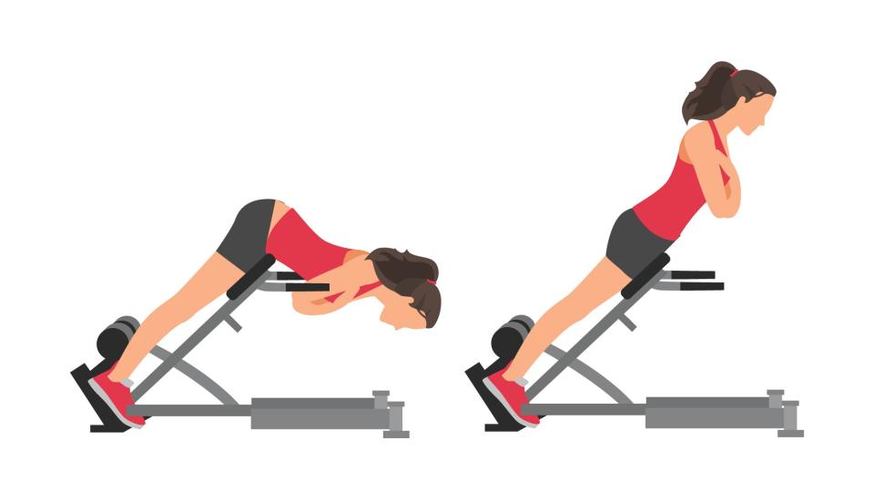 Image of a woman doing back extensions on a bench against a white background