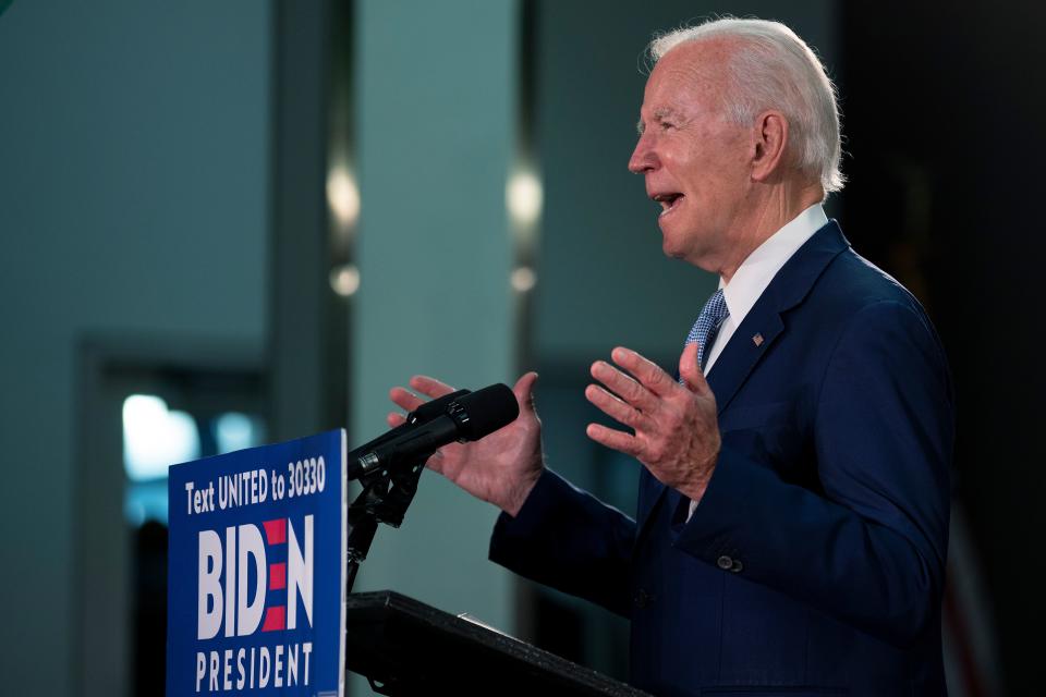 Presumptive Democratic presidential nominee and former Vice President Joe Biden speaks at Delaware State Universitys student center in Dover, Delaware, on June 5, 2020. (Photo by JIM WATSON / AFP) (Photo by JIM WATSON/AFP via Getty Images)