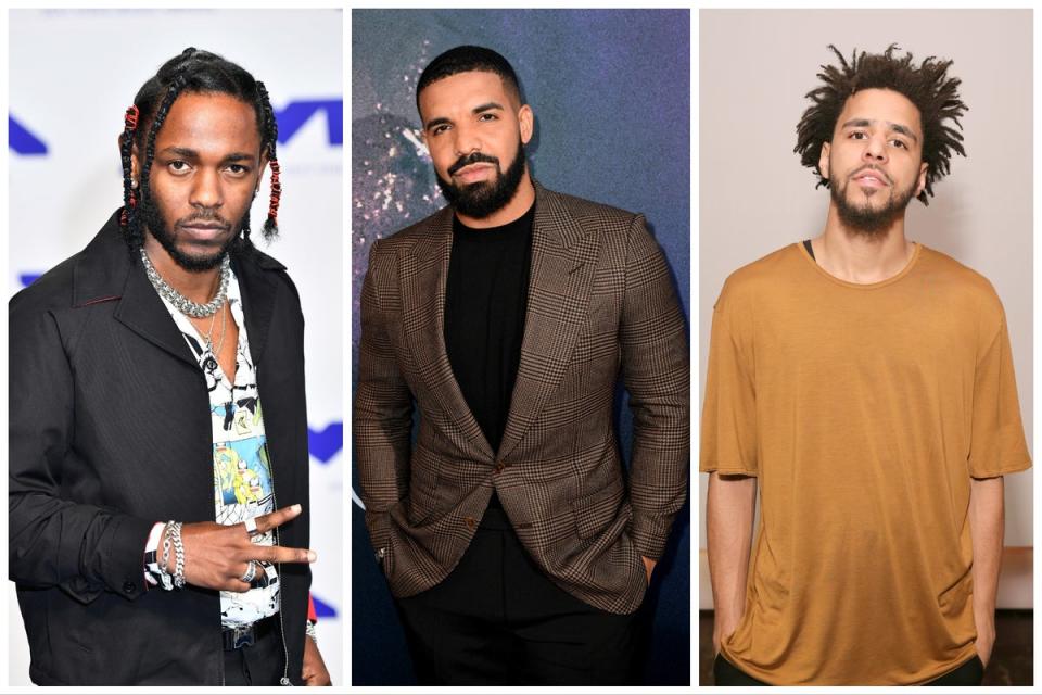 Kendrick Lamar, Drake and J Cole (Getty)