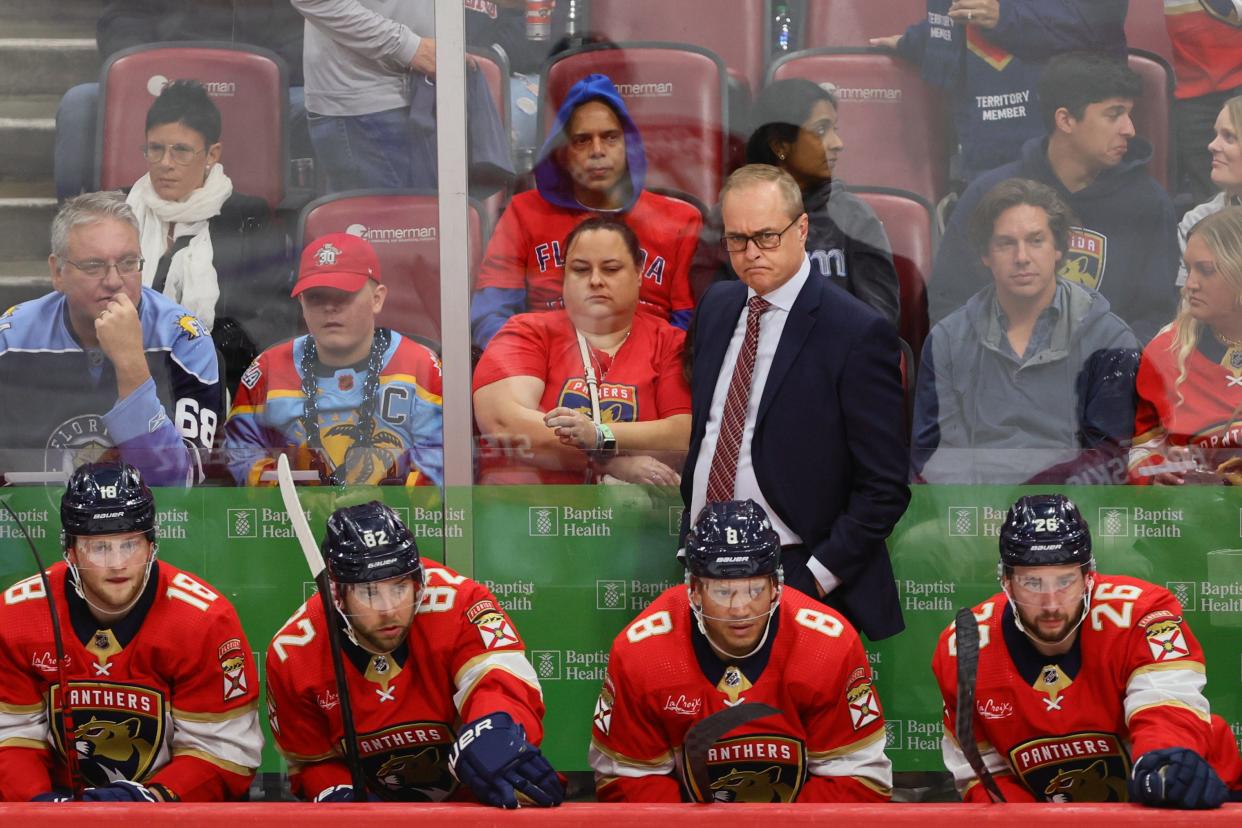Apr 13, 2024; Sunrise, Florida, USA; Florida Panthers head coach Paul Maurice looks on against the Buffalo Sabres during the third period at Amerant Bank Arena. Mandatory Credit: Sam Navarro-USA TODAY Sports