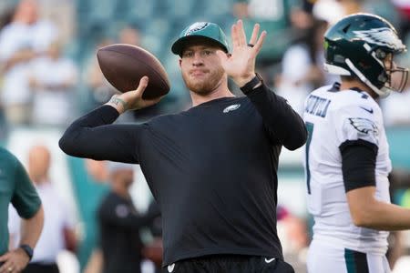 FILE PHOTO: Aug 9, 2018; Philadelphia, PA, USA; Philadelphia Eagles quarterback Carson Wentz (11) throws the ball before a game against the Pittsburgh Steelers at Lincoln Financial Field. Mandatory Credit: Bill Streicher-USA TODAY Sports