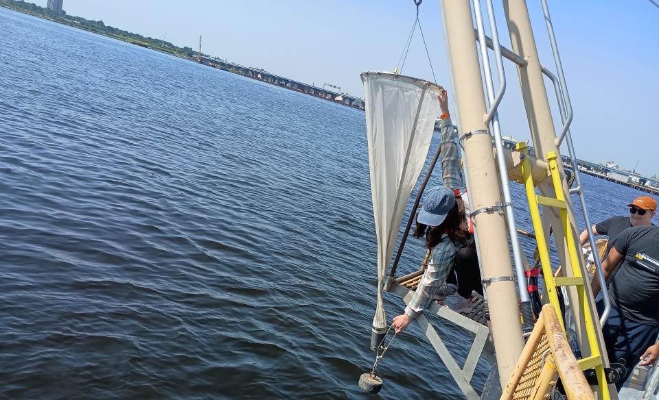 A high school student lowers a plankton tow into the water aboard UW-Milwaukee's research vessel, the Neeskay.