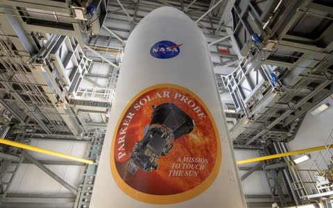 The United Launch Alliance Delta IV Heavy rocket payload fairing is seen with the NASA and Parker Solar Probe emblems at Launch Complex 37 Cape Canaveral Air Force Station - Credit: Reuters