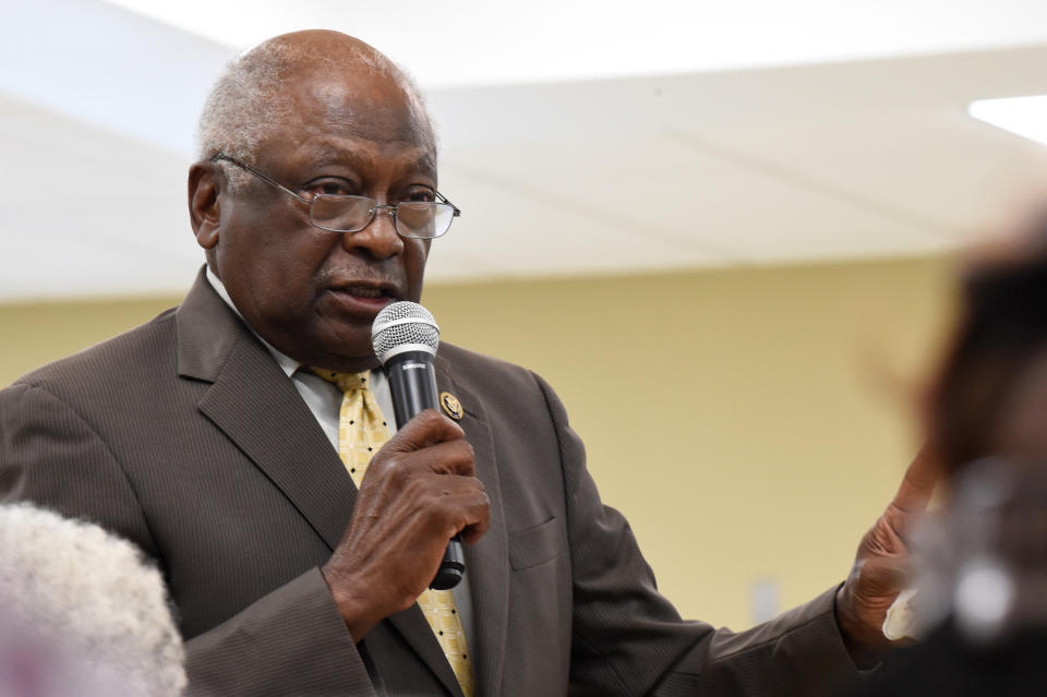 U.S. House Majority Whip Jim Clyburn speaks during a town hall meeting in his district on Wednesday, July 14, 2021, in Hopkins, S.C. (AP Photo/Meg Kinnard)