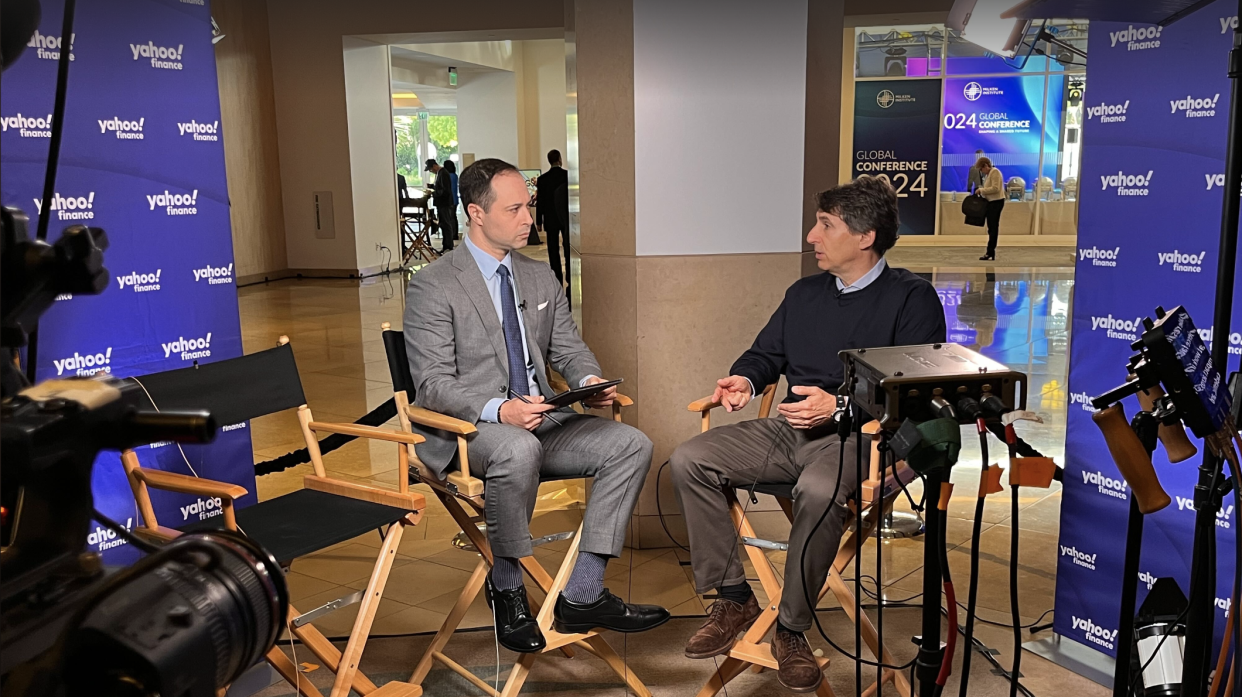 Apollo CEO Marc Rowan (right) weighs in on markets and the Mag 7 with Yahoo Finance Executive Editor Brian Sozzi (left) at the Milken conference.