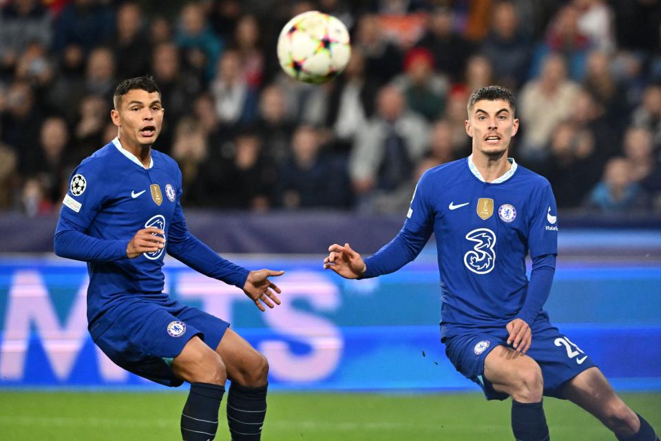 Chelsea's Brazilian defender Thiago Silva (L) and Chelsea's German midfielder Kai Havertz eye the ball during the UEFA Champions League Group E football match between RB Salzburg and Chelsea FC in Salzburg, Austria on October 25, 2022. (Photo by Joe Klamar / AFP) (Photo by JOE KLAMAR/AFP via Getty Images)