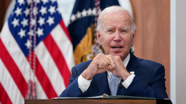 PHOTO: President Joe Biden speaks about the economy during a meeting with CEOs in the South Court Auditorium on the White House complex in Washington, D.C., on July 28, 2022. (Susan Walsh/AP)