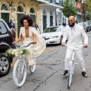 <p>Musician Solange Knowles and her fiance, music video director Alan Ferguson, ride bicycles on the streets of the French Quarter en route to their wedding ceremony at the Marigny Opera House on November 16th in New Orleans, Louisiana.</p>