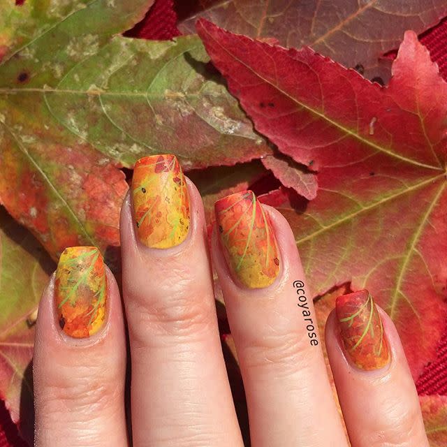 <p>Instead of going with a literal leaf, try sponging on different shades from nature. Then, finish with thin green "veins" to give the appearance of fallen foliage. </p><p><a href="https://www.instagram.com/p/BocbHCunf3k/" rel="nofollow noopener" target="_blank" data-ylk="slk:See the original post on Instagram;elm:context_link;itc:0;sec:content-canvas" class="link ">See the original post on Instagram</a></p>