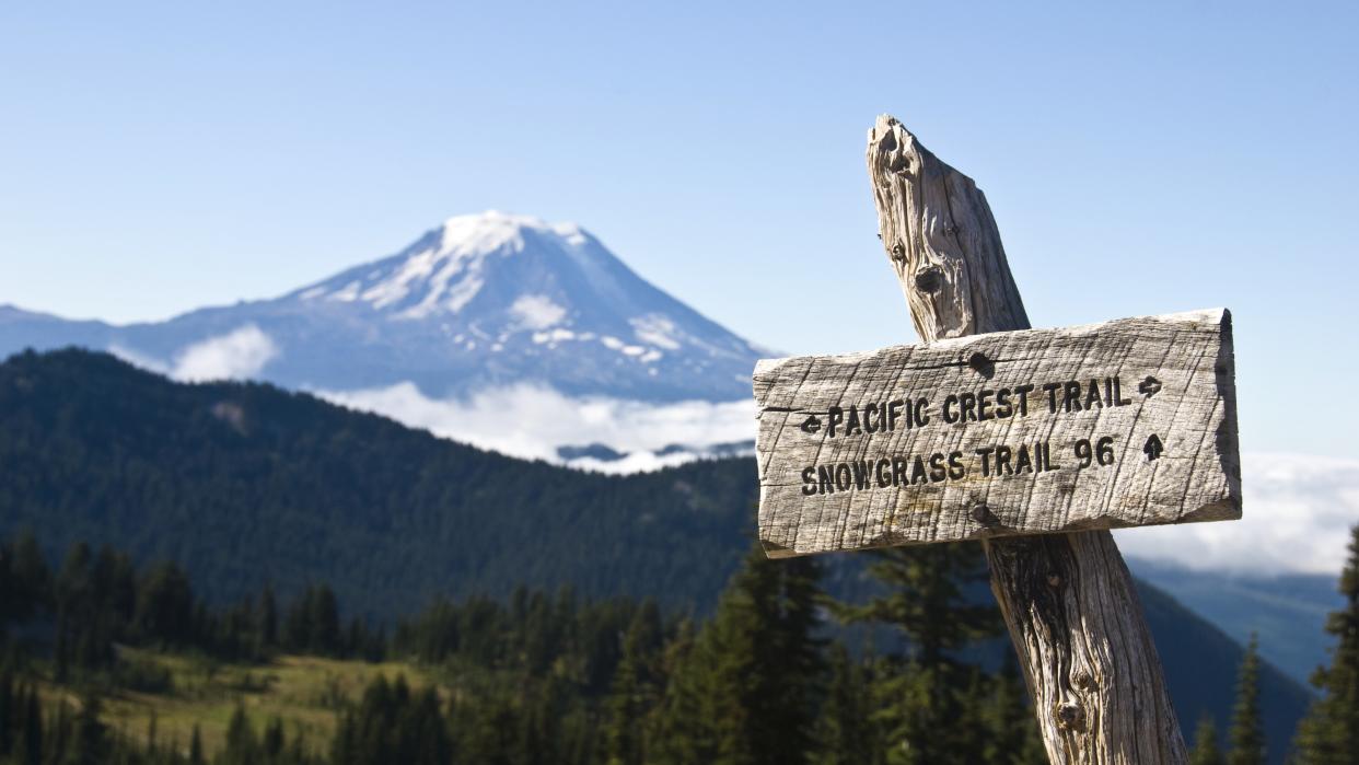  Pacific Crest Trail sign with snowy mountain. 