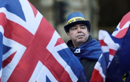 An anti-Brexit protester demonstrates outside the Houses of Parliament in London, Britain, December 13, 2017. REUTERS/Simon Dawson