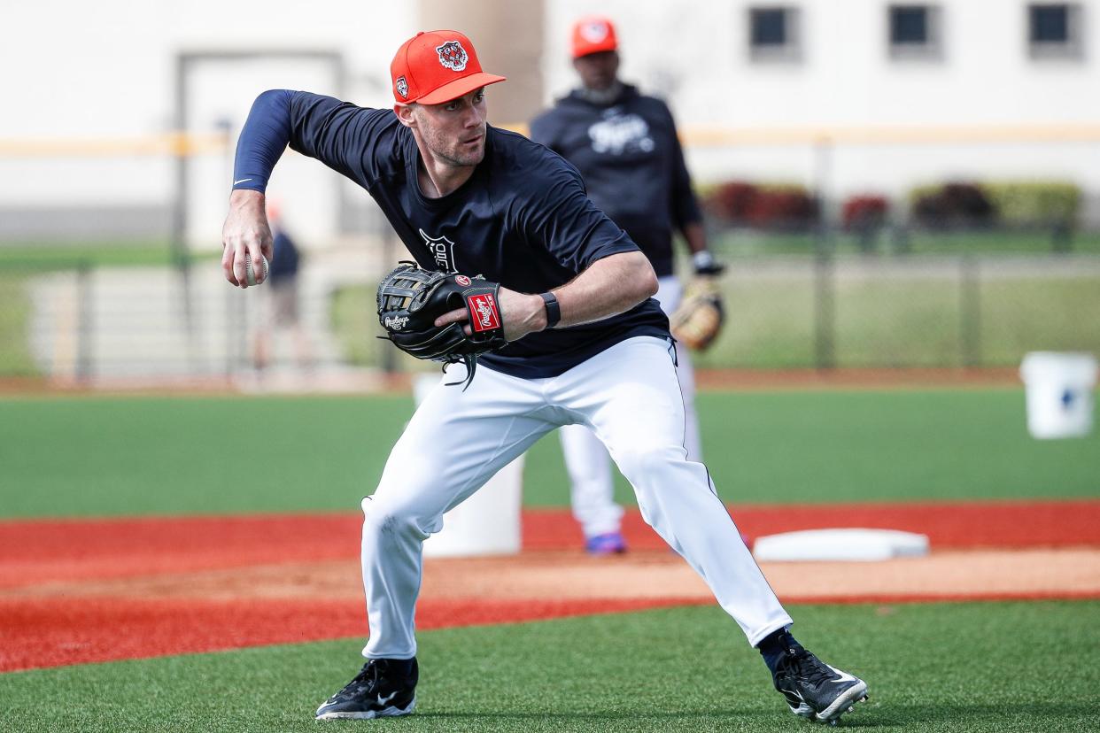 Detroit Tigers infielder Ryan Kreidler practice during spring training at TigerTown in Lakeland, Fla. on Monday, Feb. 19, 2024.