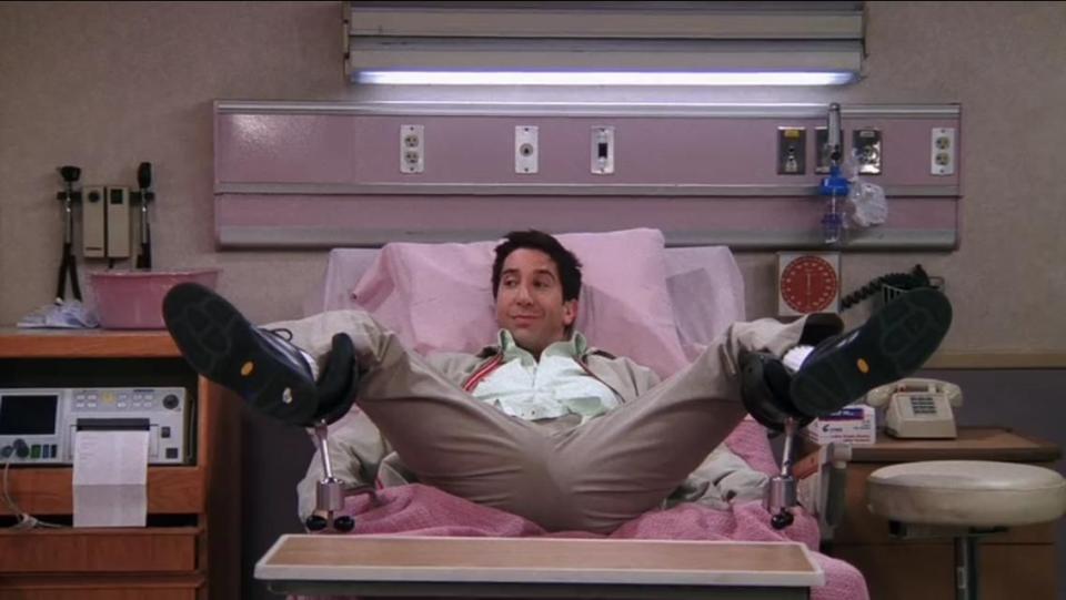 <p>Rachel and Ross’ baby saga took up <em>three</em> full episodes, all of which are on this list because, duh. Gems from Part 1 include Ross getting into this position (legendary) <em>and</em> Monica and Chandler trying to have sex in the hospital. </p>