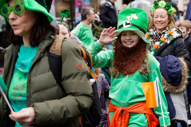 People talking part in the St Patrick’s Day celebrations in Trafalgar Square, central London