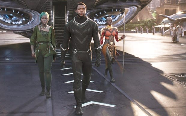 Lupita Nyong'o as Nakia, Chadwick Boseman as King T'Challa/Black Panther and Danai Gurira as Okoye in "Black Panther"<p>Film Frame © Marvel Studios 2018</p>