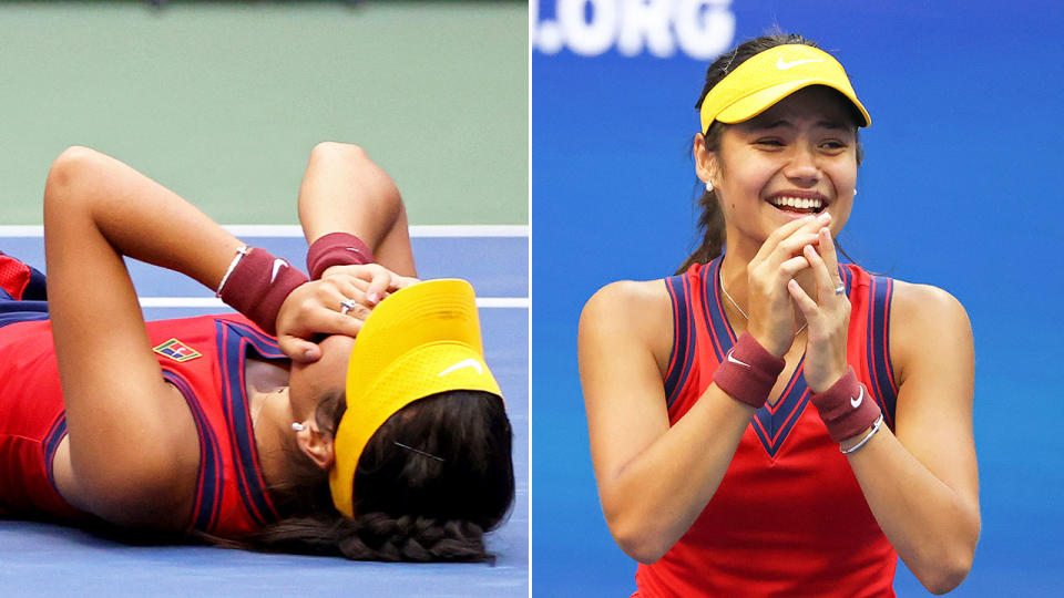 Emma Raducanu is seen here in shock after winning the US Open title. 