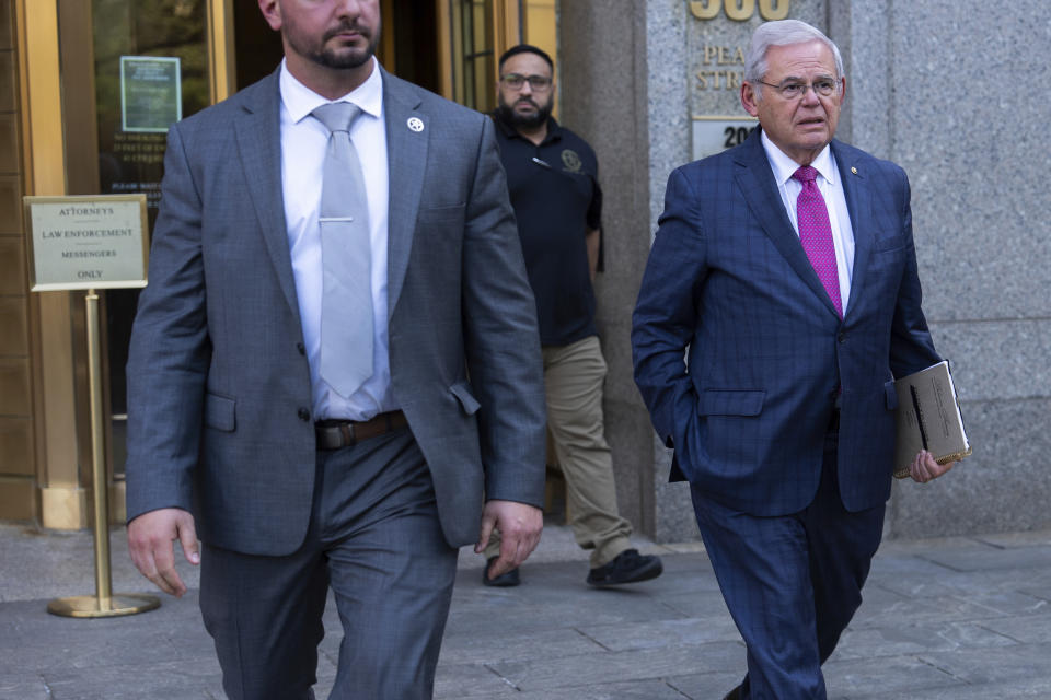 Sen. Robert Menendez, D-N.J., leaves federal court, Tuesday, May 21, 2024, in New York. (AP Photo/Julia Nikhinson)