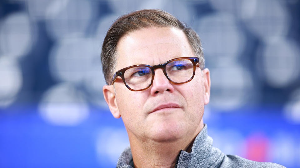 Blue Jays general manager Ross Atkins spoke in his usual optimistic tone during Tuesday's presser. (Vaughn Ridley/Getty Images)