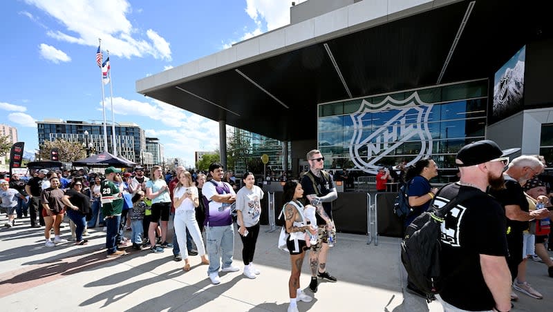 Thousands wait to enter as they attend the NHL event at the Delta Center in Salt Lake City, as Utah’s NHL hockey team is introduced to fans on Wednesday, April 24, 2024.