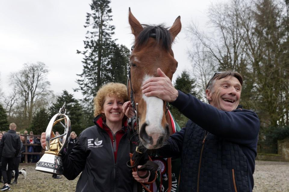 Corach Rambler with trainer Lucinda Russell (left) and Peter Scudamore (Steve Welsh/PA) (PA Wire)