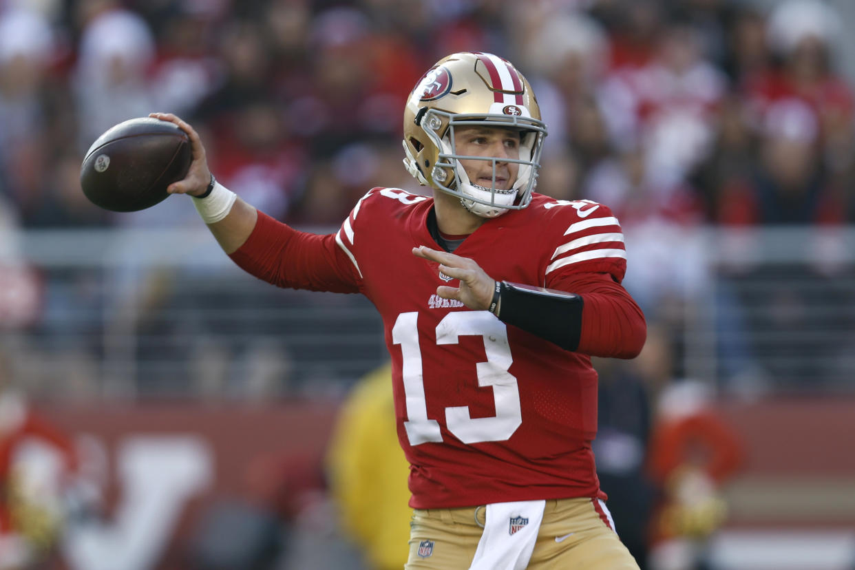 49ers quarterback Brock Purdy had surgery on his elbow on March 10. (AP Photo/Jed Jacobsohn)
