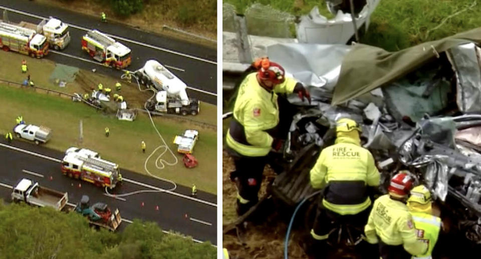 An aerial shot of the scene of the crash on the Hume Highway in Menangle Park (left) and a close up of the wreckage of the car (right).