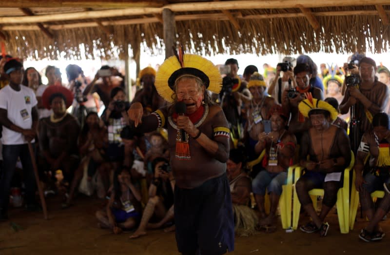 Indigenous leader Cacique Raoni of Kayapo tribe, talks during the opening of a four-day pow wow in Piaracu village, in Xingu Indigenous Park, near Sao Jose do Xingu, Mato Grosso state