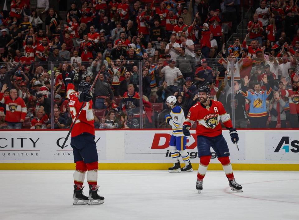 Florida Panthers defenseman Aaron Ekblad (5) celebrates a goal during the first period of an NHL game between the Florida Panthers and the Buffalo Sabres on Tuesday, April 4, 2023, at FLA Live Arena in Sunrise, Fla. The game was tied 1-1 at the end of the first period.