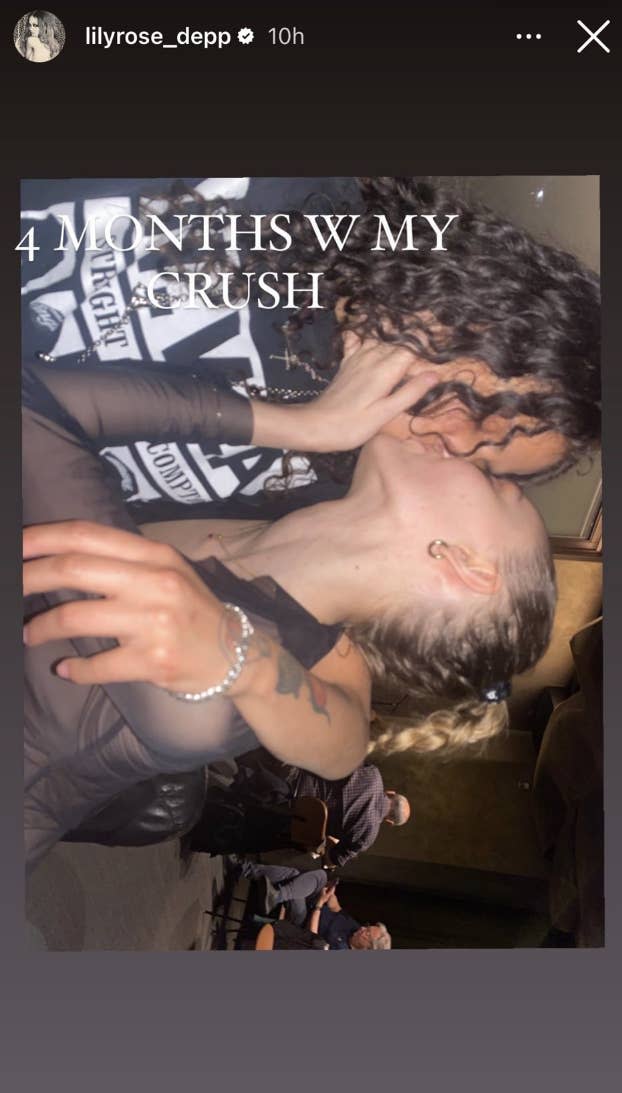 Screenshot of Lily-Rose's Instagram story showing a photo of her and 070 Shake kissing with the caption "4 months w my crush"