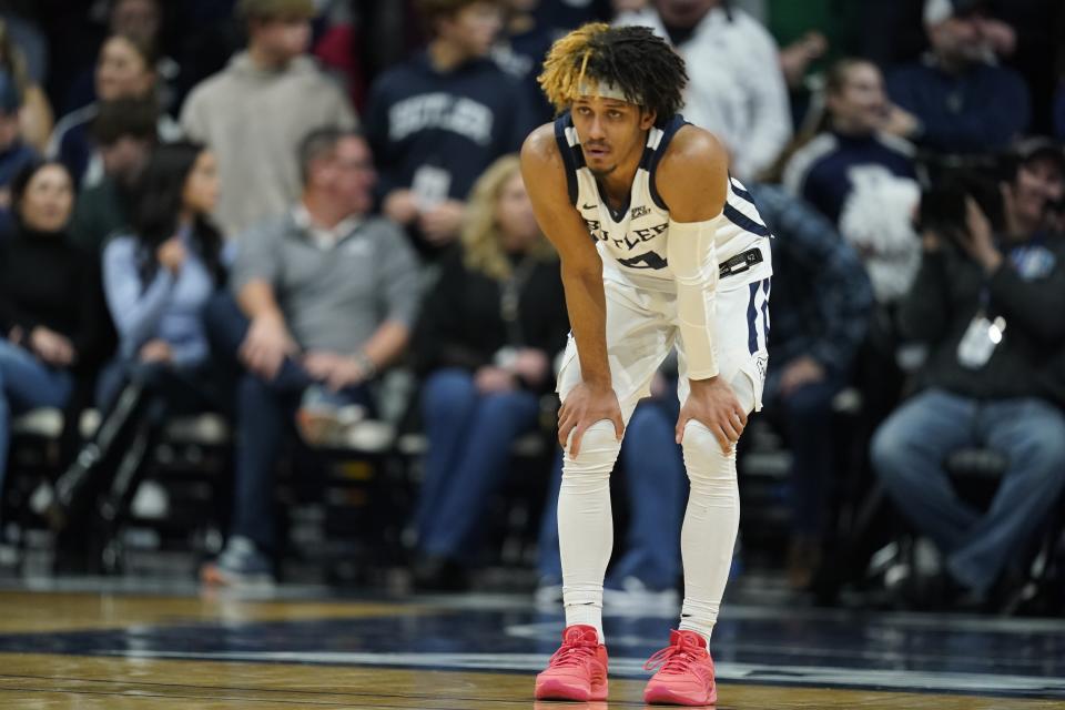 Butler's DJ Davis reacts late in the second half of the team's NCAA college basketball game against UConn, Friday, Jan. 5, 2024, in Indianapolis. (AP Photo/Darron Cummings)