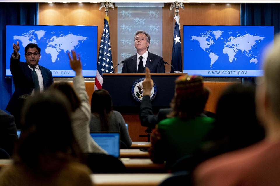 Secretary of State Antony Blinken takes a question from a reporter at a briefing on the 2022 Country Reports on Human Rights Practices at the State Department in Washington, Monday, March 20, 2023. (AP Photo/Andrew Harnik)