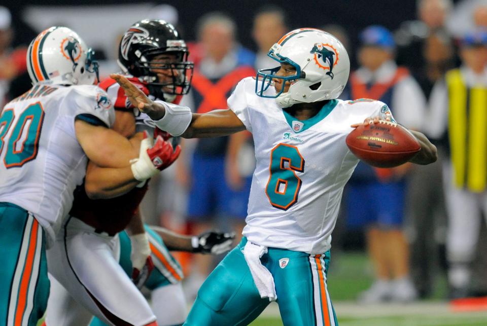 September 13, 2009; Atlanta, GA, USA; Miami Dolphins quarterback Pat White (6) throws a pass against the Atlanta Falcons in the first half at the Georgia Dome. The Falcons defeated the Dolphins 19-7. Mandatory Credit: Dale Zanine-USA TODAY Sports