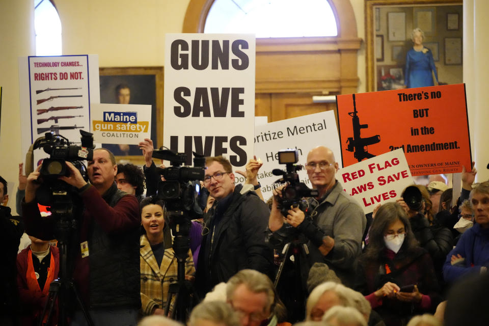 Supporters of gun rights attend an anti-gun rally at the State House, Wednesday, Jan. 3, 2024, in Augusta, Maine. (AP Photo/Robert F. Bukaty)