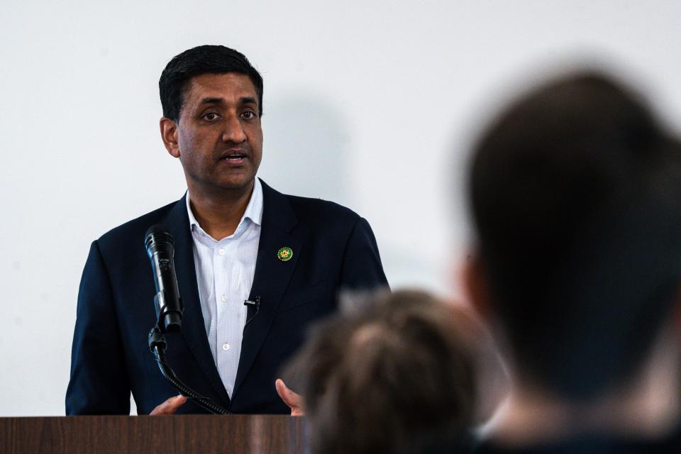 U.S. Rep. Ro Khanna speaks during a TechWise event on Thursday, April 13, 2023, at DMACC Urban Campus in Des Moines, Iowa. 