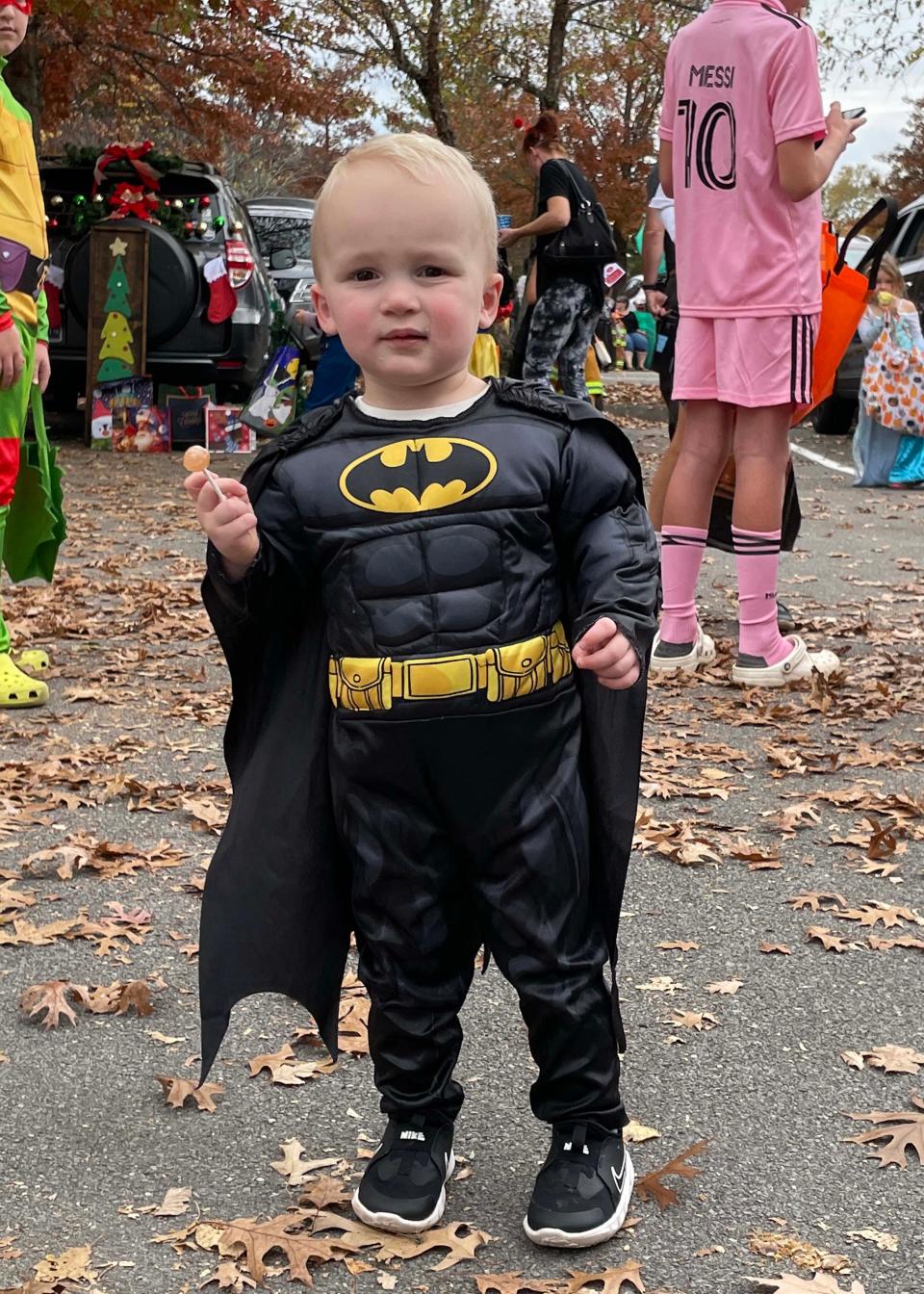 Rhett Pezza as Batman has his first Halloween at the annual Trunk-or-Treat at Concord United Methodist Church.