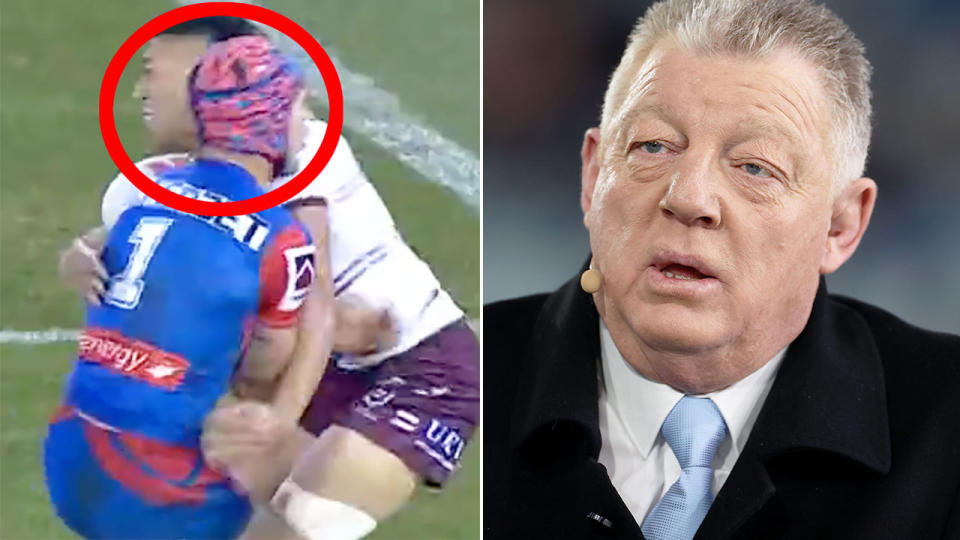 Pictured right is NRL commentator Phil Gould and Manly's Tolu Koula tackling Newcastles Kalyn Ponga on the left.