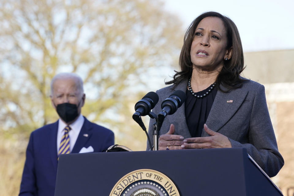 Vice President Kamala Harris speaks before President Joe Biden in support of changing the Senate filibuster rules that have stalled voting rights legislation, at Atlanta University Center Consortium, on the grounds of Morehouse College and Clark Atlanta University, Tuesday, Jan. 11, 2022, in Atlanta. (AP Photo/Patrick Semansky)