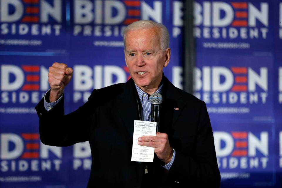 Former Vice President and Democratic presidential candidate Joe Biden speaks during a campaign stop at the Community Oven restaurant in Hampton, N.H., May 13, 2019.