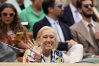 Tennis legend Martina Navratilova sits in the Royal Box ahead of the final of the women's singles between the Czech Republic's Marketa Vondrousova and Tunisia's Ons Jabeur on day thirteen of the Wimbledon tennis championships in London, Saturday, July 15, 2023. (AP Photo/Alberto Pezzali)