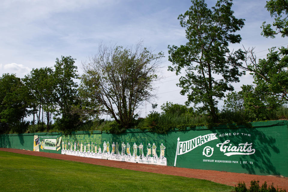 Murals are unveiled at a new public baseball field, Foundry Field, on Monday, May 20, 2024, in South Bend.