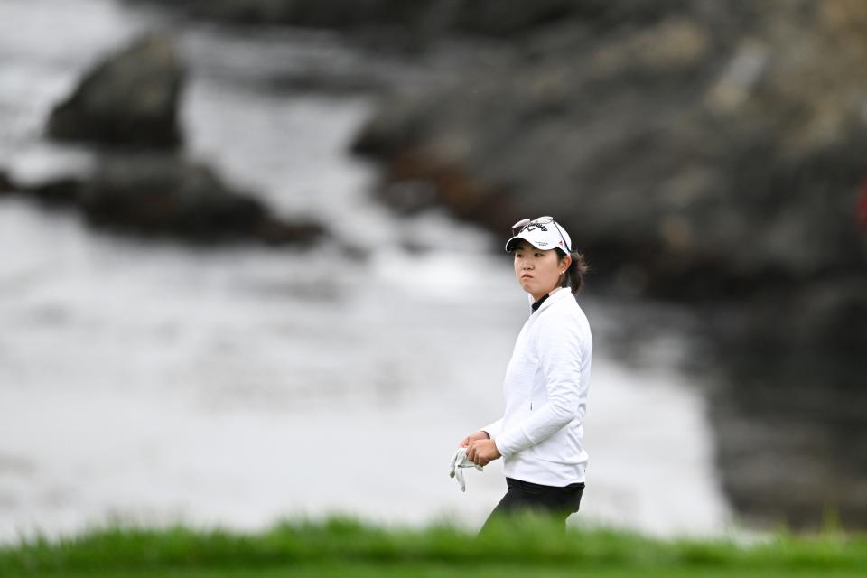 Rose Zhang looks for her ball on the eighth hole during the first round of the U.S. Women's Open.