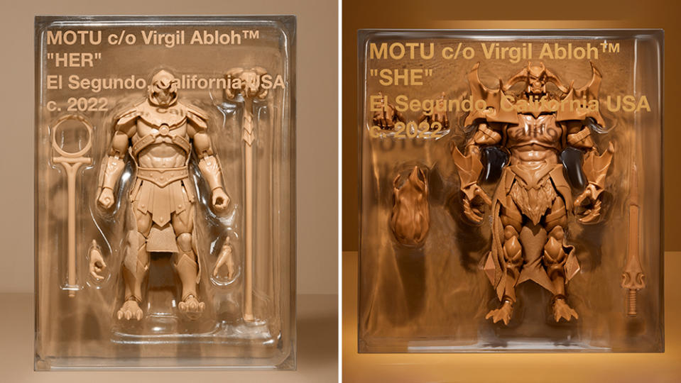 Mattel's MOTU c/o Virgil Abloh figurines of Skeletor and Skelegod in special packaging.