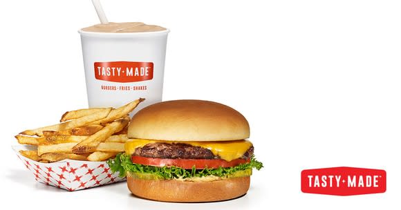 A Tasty Made burger, fries, and a shake.