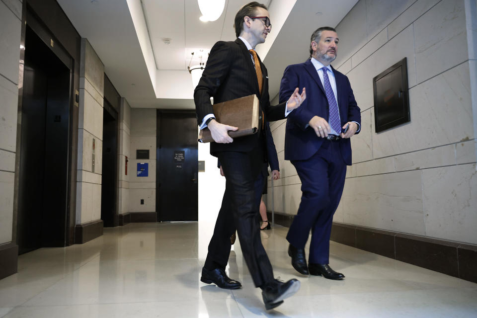 Sen. Ted Cruz (R-TX) (R) departs a closed-door, classified briefing for Senators at the U.S. Capitol on February 14, 2023 in Washington, DC.  / Credit: / Getty Images