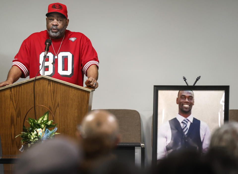Rodney Wells, stepfather of Tyre Nichols speaks during a memorial service for his son Tuesday, Jan. 17, 2023, in Memphis, Tenn. Nichols was killed during a traffic stop with Memphis Police on Jan. 7. (Mark Weber/Daily Memphian via AP)