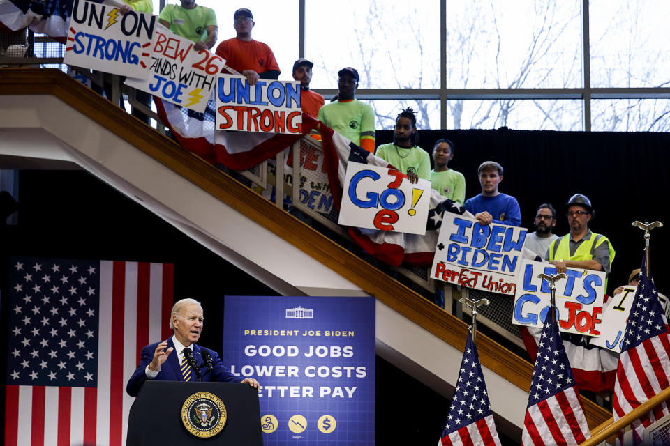 President Joe Biden with the International Brotherhood of Electrical Workers union Local 26 in Lanham, Md., on Feb. 15, 2023. (Chip Somodevilla / Getty Images file)