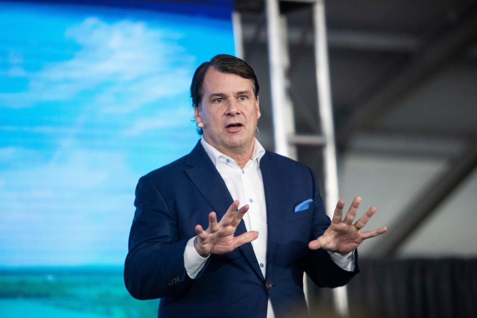 Ford officials say BlueOval City is on track to start production of the company's all-new electric truck in 2025. Ford hosted a celebration at the Haywood County site on Friday, March 24, 2023, offering updates on the project and a look at construction progress. Jim Farley, president and CEO of Ford Motor Co., speaks during the event.