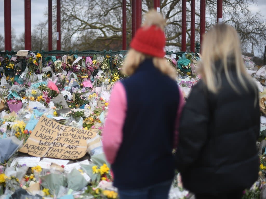 Floral tributes left at the bandstand on Clapham Common for Sarah Everard (PA)